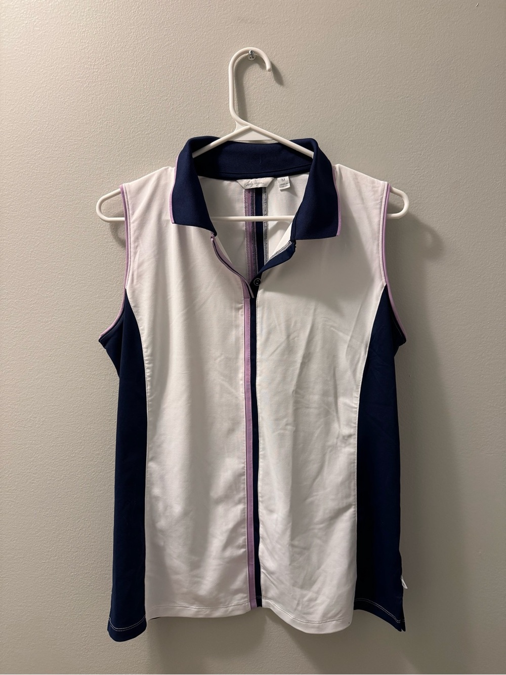Lady Hagen White and Navy Sleeveless Golf Polo with Purple Trim